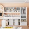 Full Size Wooden Loft Bed Big Storage with Under-bed Desk, with Drawers, with Shelves, White