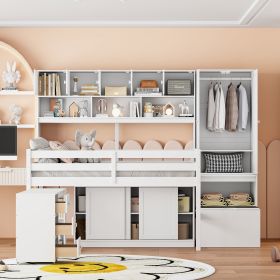 Full Size Wooden Loft Bed Big Storage with Under-bed Desk, with Drawers, with Shelves, White