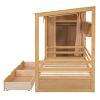 Twin size House Bed with Two Drawers and Wardrobe,Natural