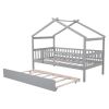 Twin Size Wooden House Bed with Twin Size Trundle, Gray