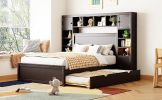 Full Size Wooden Bed With All-in-One Cabinet, Shelf and Sockets, Espresso