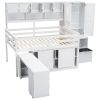 Full Size Wooden Loft Bed Big Storage with Under-bed Desk, with Drawers, with Shelves, White
