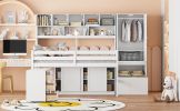 Full Size Wooden Loft Bed Big Storage with Under-bed Desk, with Drawers, with Shelves, White