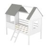 Twin Size Low Loft Wood House Bed with Two Side Windows (White+Gray