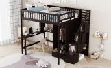 Full size Loft Bed with Bookshelf,Drawers,Desk,and Wardrobe-Espresso