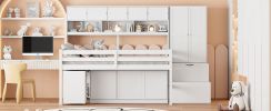 Full Size Wooden Loft Bed Big Storage with Under-bed Desk, with Drawers, with Shelves, White