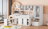 Full Size Wooden Loft Bed Big Storage with Under-bed Desk, with Drawers, with Shelves, White