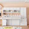 Full Size Wooden Loft Bed Big Storage with Under-bed Desk, with Drawers, with Shelves, White