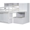 Full Size Wooden Loft Bed Big Storage with Under-bed Desk, with Drawers, with Shelves, White