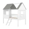 Twin Size Low Loft Wood House Bed with Two Side Windows (White+Gray