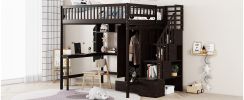 Full size Loft Bed with Bookshelf,Drawers,Desk,and Wardrobe-Espresso