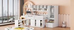 Full Size Wooden Loft Bed Big Storage with Under-bed Desk, with Drawers, with Shelves, White